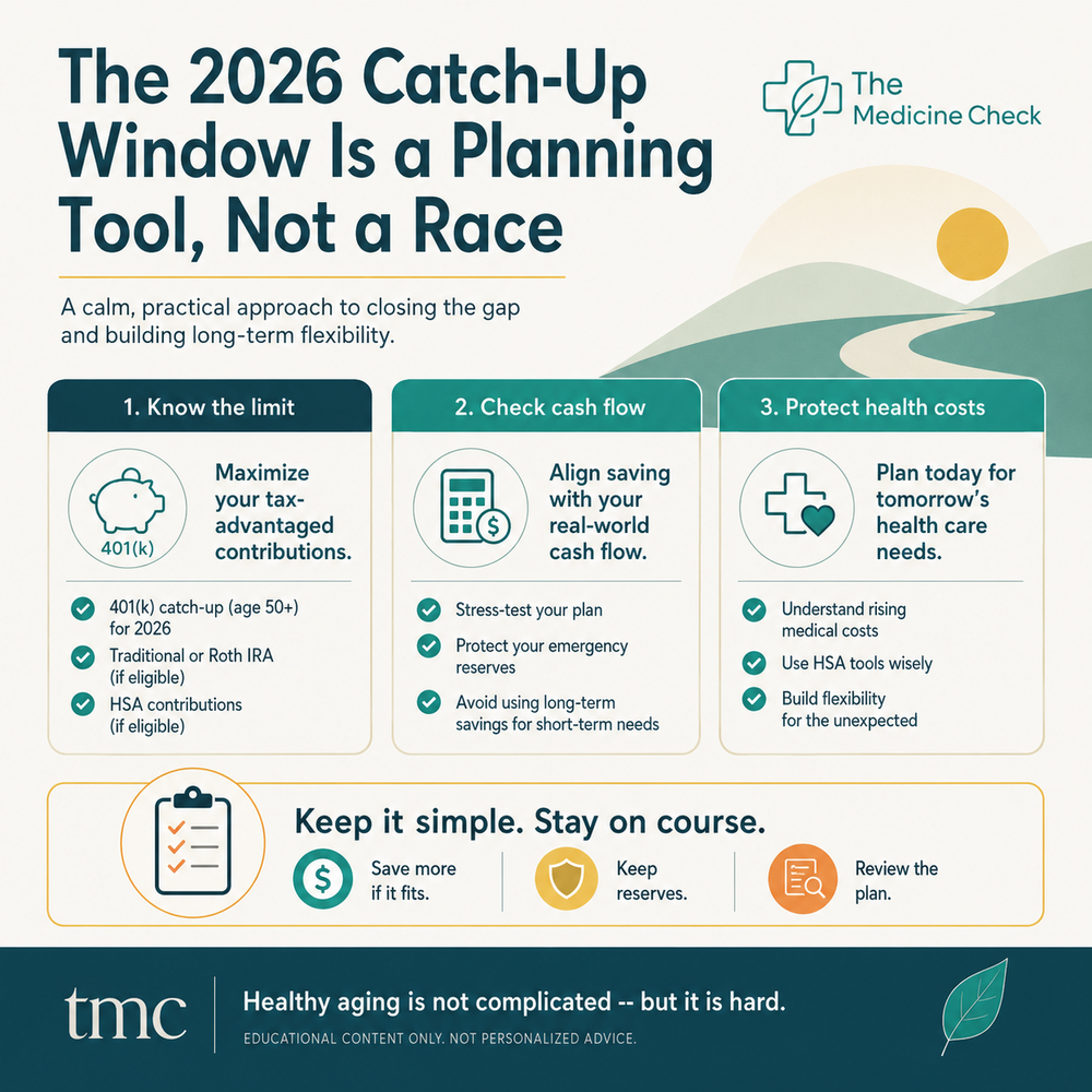 Square Medicine Check infographic titled "The 2026 Catch-Up Window Is a Planning Tool, Not a Race," showing three planning tiles for knowing contribution limits, checking cash flow, and protecting health-cost reserves.