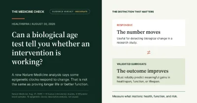 Split editorial graphic reading Responsive: the number moves and Validated surrogate: the outcome improves, separated by a not-equal sign, beside the question of whether a biological age test can show that an intervention is working.