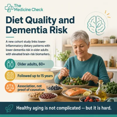 Editorial infographic about diet quality and dementia risk, showing an older adult with whole foods and callouts for adults 60 and older, long follow-up, and association rather than proof of causation.