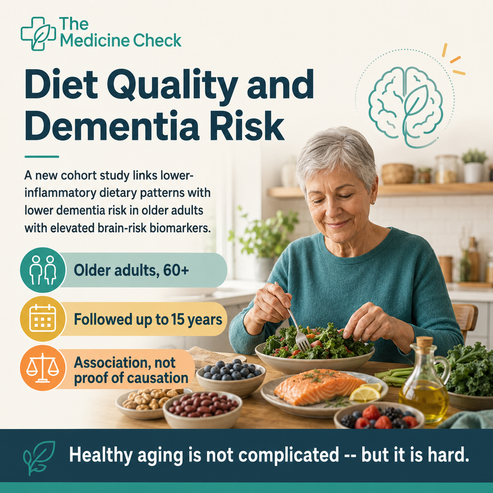 Editorial infographic about diet quality and dementia risk, showing an older adult with whole foods and callouts for adults 60 and older, long follow-up, and association rather than proof of causation.