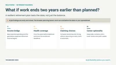 Editorial infographic asking what would happen if work ended two years early, with four retirement-readiness checks: income bridge, health coverage, claiming choices, and career optionality.