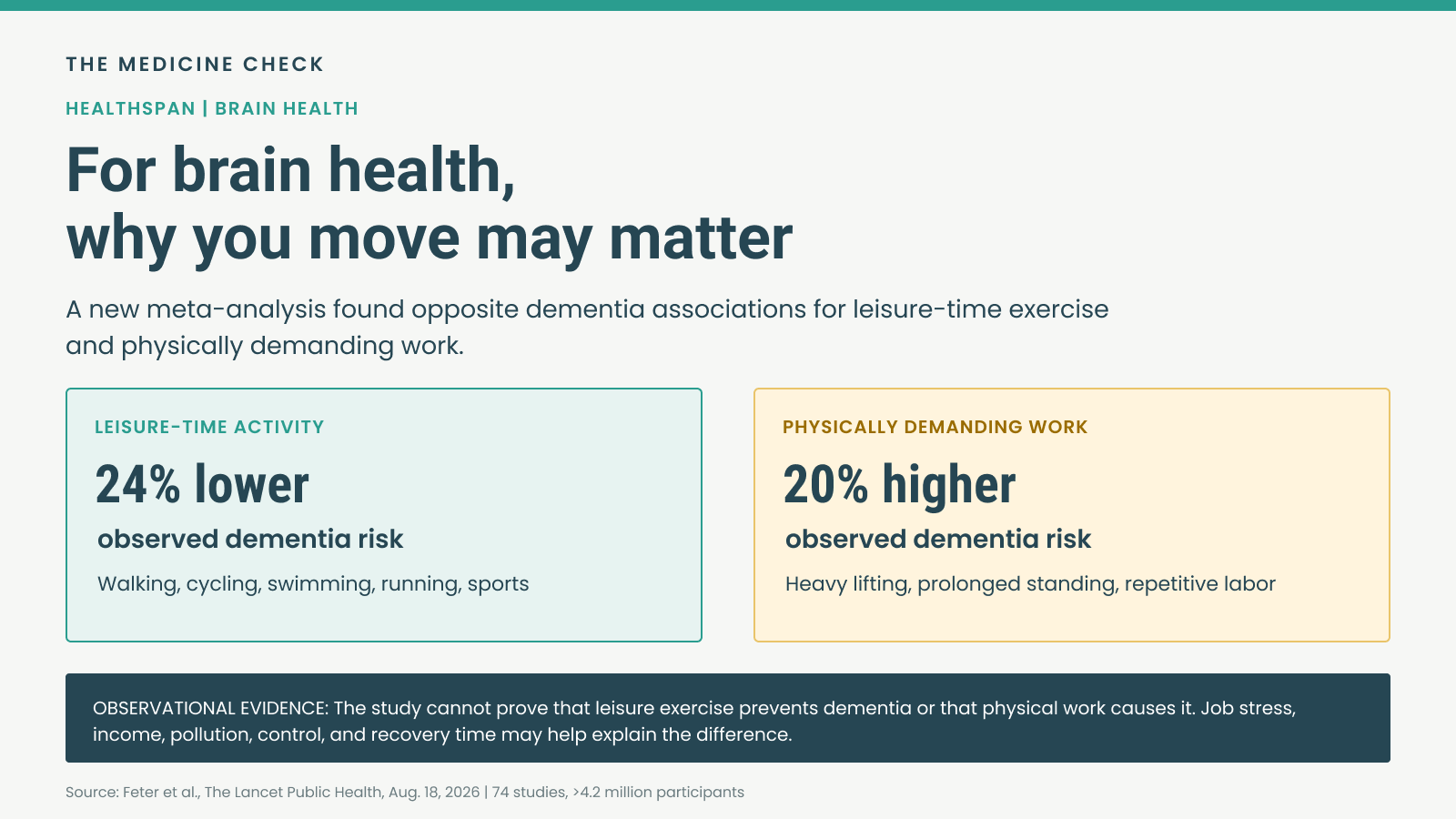 Split-panel infographic comparing a 24% lower observed dementia risk with high leisure-time activity and a 20% higher observed risk with occupational activity, with a note that the evidence is observational.