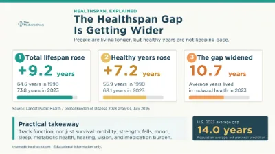Infographic showing that global life expectancy increased faster than healthy life expectancy from 1990 to 2023, widening the average years lived in poor health.
