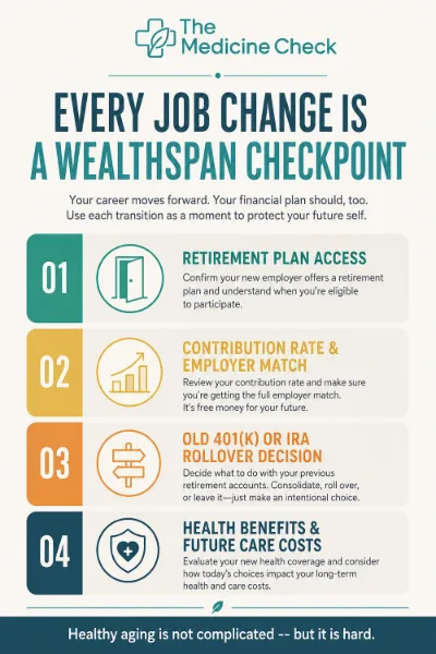 Editorial infographic titled "Every Job Change Is a Wealthspan Checkpoint," showing four checkpoints for retirement-plan access, contribution rate and match, old account decisions, and health benefits, with The Medicine Check branding.