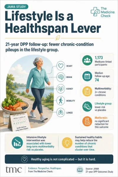 Infographic explaining that a 21-year Diabetes Prevention Program follow-up linked intensive lifestyle intervention with lower long-term multimorbidity risk in adults with prediabetes.