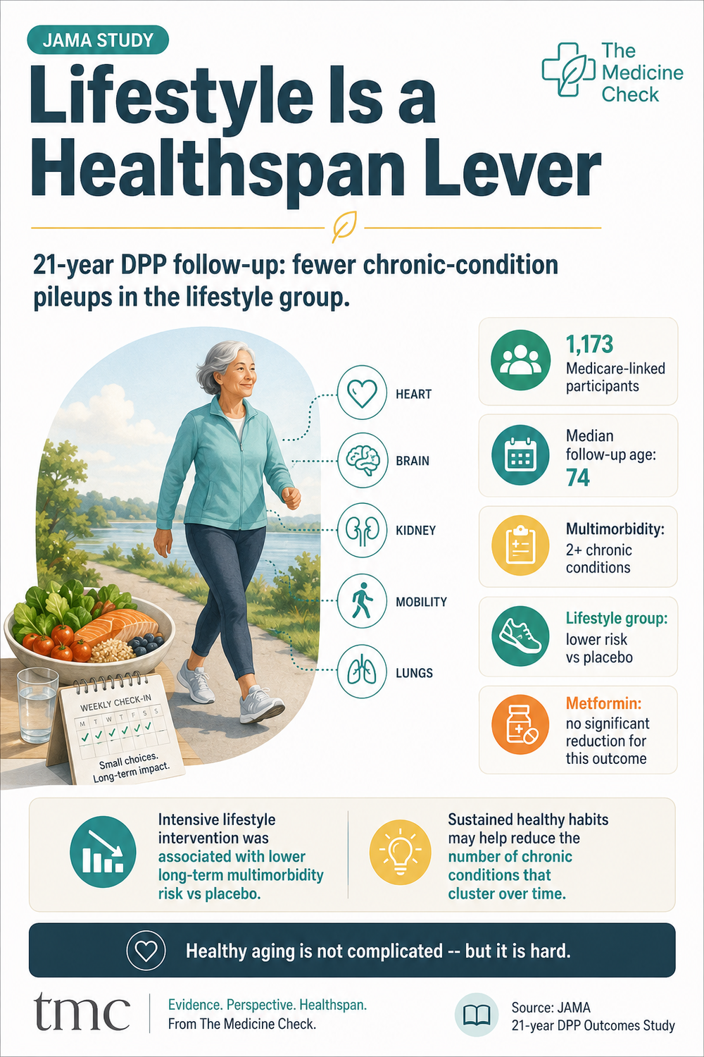 Infographic explaining that a 21-year Diabetes Prevention Program follow-up linked intensive lifestyle intervention with lower long-term multimorbidity risk in adults with prediabetes.