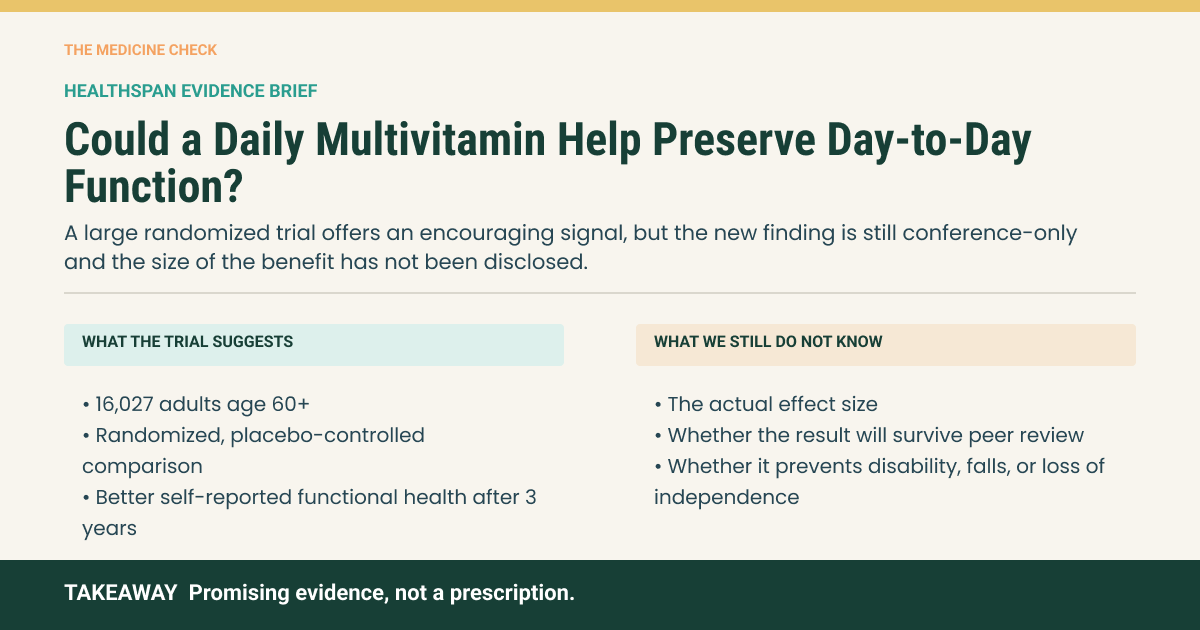 Medicine Check evidence brief explaining that a randomized trial of 16,027 adults age 60 and older linked a daily multivitamin with better self-reported functional health after three years, while noting that the effect size, peer review, and effects on disability, falls, and independence remain unknown.