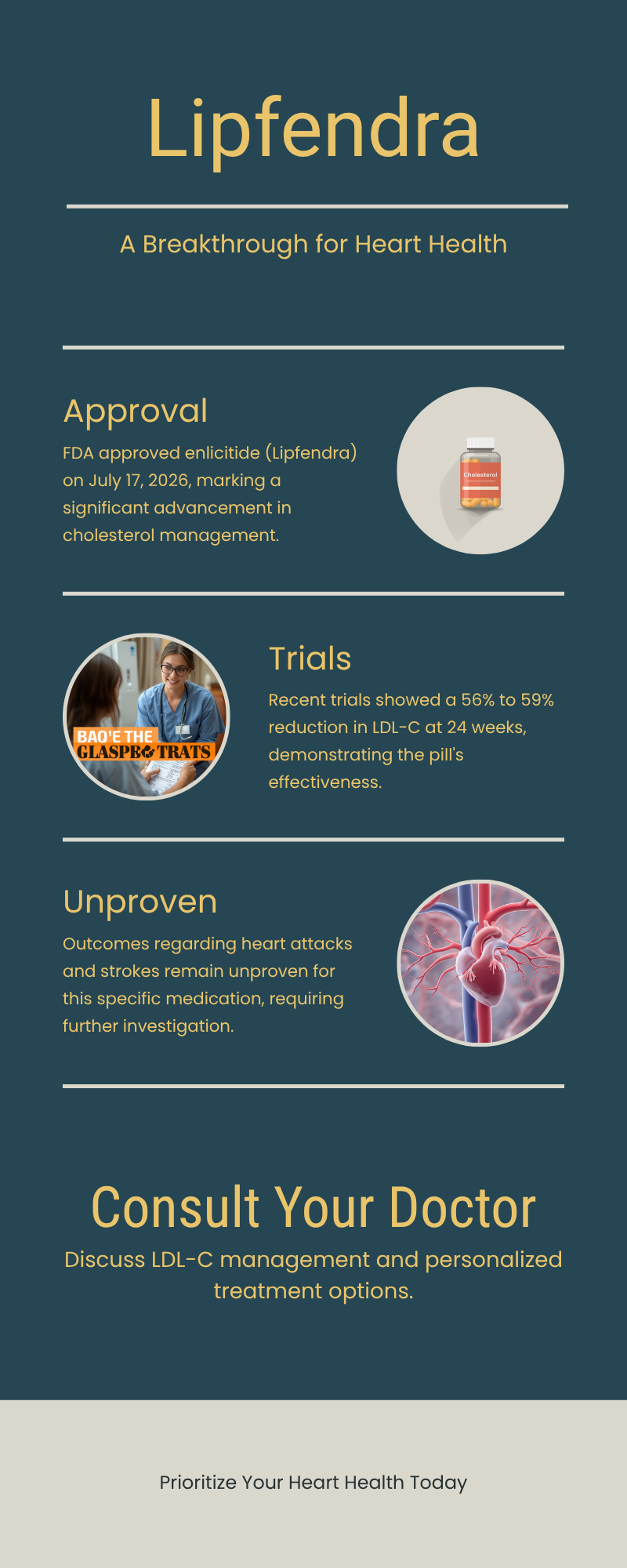 Editorial infographic titled "A New Cholesterol Pill and Your Healthspan," summarizing the FDA approval of oral enlicitide, its LDL-lowering trial results, the missing outcomes-data caveat, and a practical cholesterol check-in.