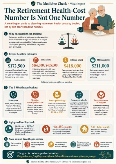 Infographic explaining that retirement health-care costs should be planned in separate buckets: Medicare premiums, out-of-pocket care, prescription drugs, coverage tradeoffs, and long-term care.