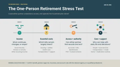 Four connected checkpoints show how couples can stress-test a retirement plan for one person by reviewing survivor income, essential costs, account access and decision authority, and care support.