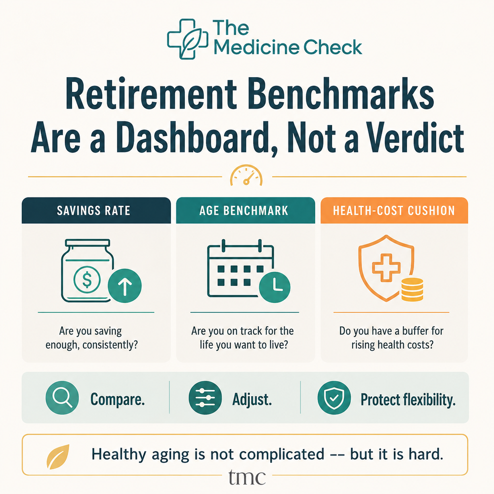 Square infographic titled "Retirement Benchmarks Are a Dashboard, Not a Verdict," showing three dashboard tiles for savings rate, age benchmark, and health-cost cushion, with a calm Wealthspan planning message.