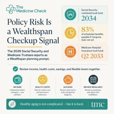 Infographic for The Medicine Check showing the 2026 Social Security and Medicare Trustees report dates, the 83% payable-benefits figure, and a four-part Wealthspan review of income, health costs, savings, and regular planning.