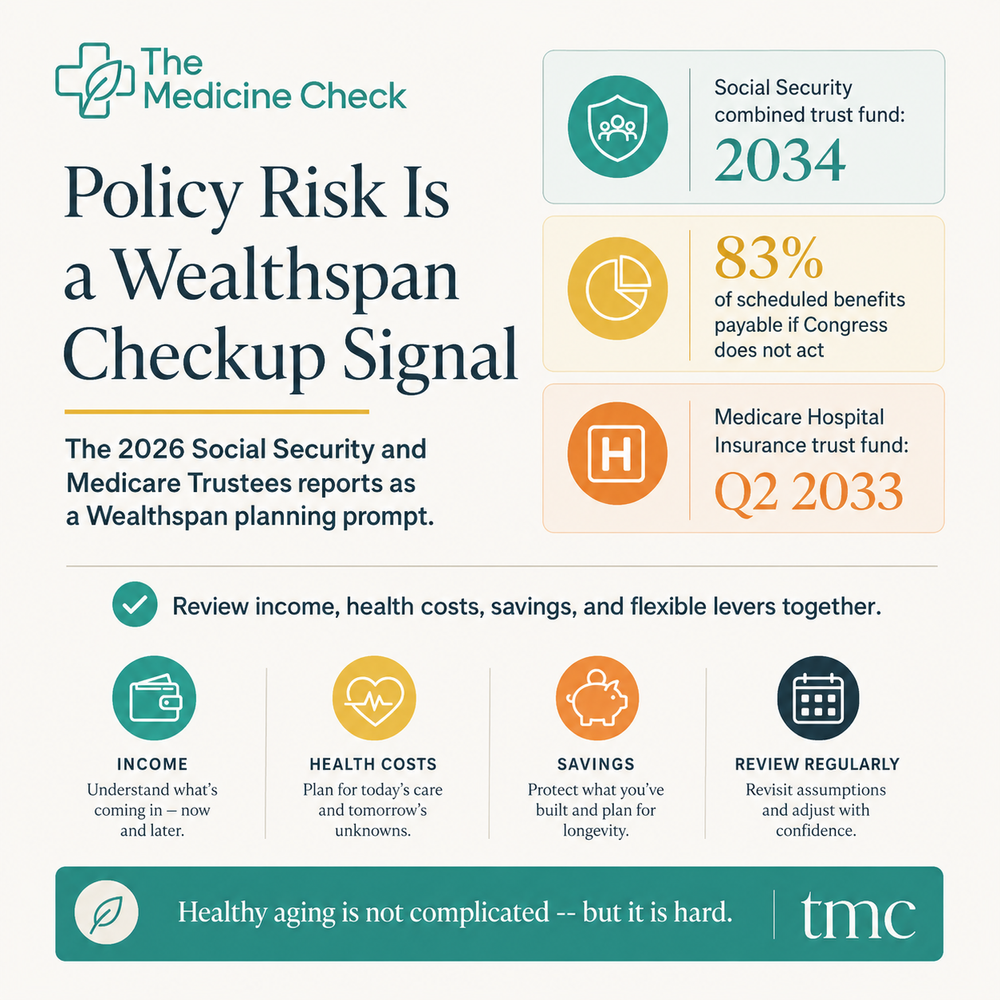 Infographic for The Medicine Check showing the 2026 Social Security and Medicare Trustees report dates, the 83% payable-benefits figure, and a four-part Wealthspan review of income, health costs, savings, and regular planning.