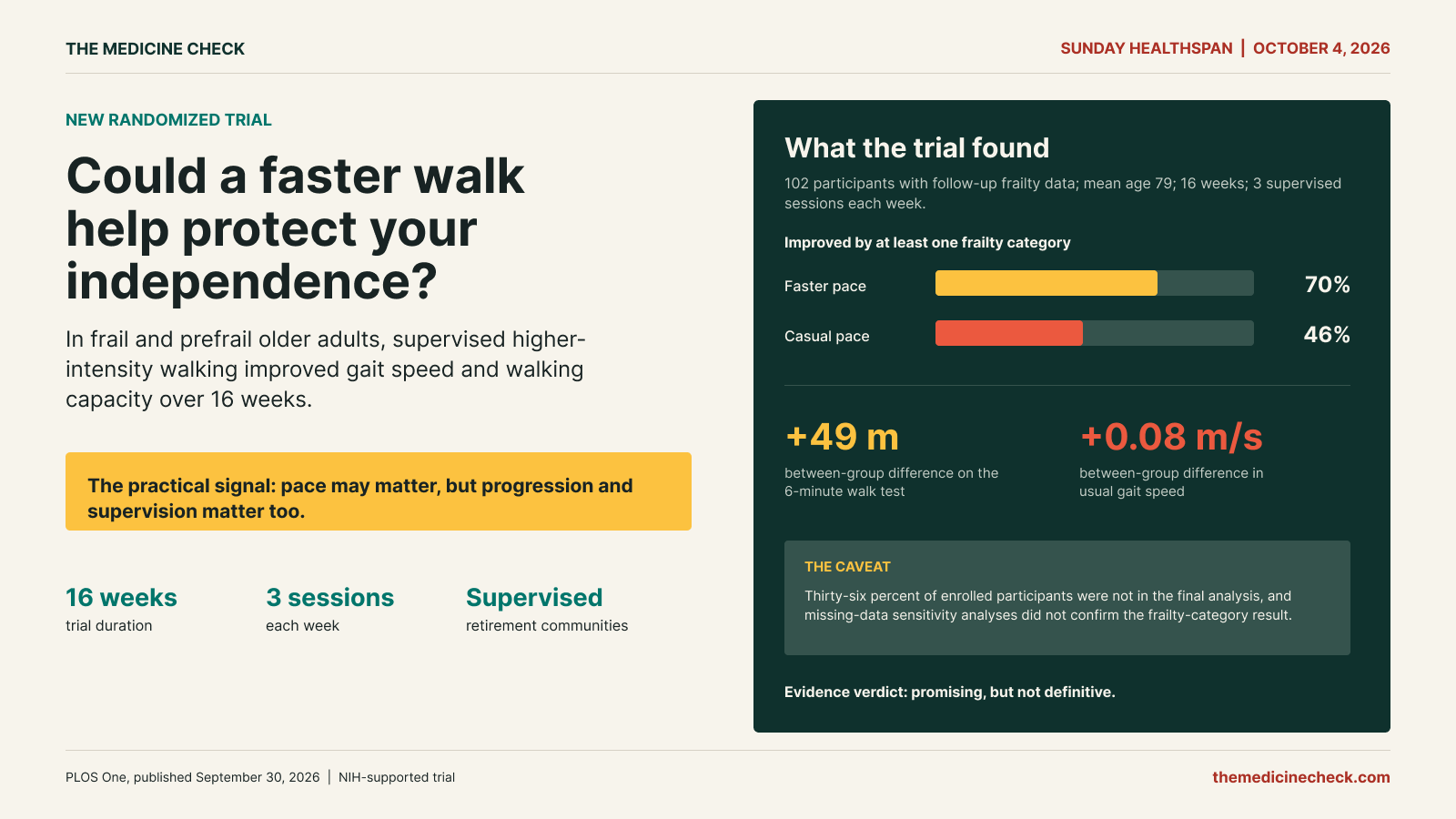 Editorial infographic on a 16-week supervised walking trial: 70% versus 46% improved a frailty category, with greater gait speed and walking distance in the faster group. Thirty-six percent of enrolled participants were absent from the final analysis, and missing-data tests did not confirm the frailty result.