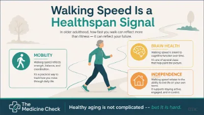 Editorial infographic showing an older adult walking briskly, with sections linking walking speed to mobility, brain health, and independence.