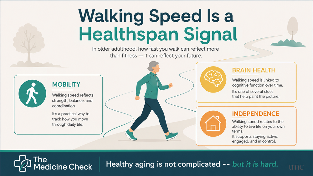 Editorial infographic showing an older adult walking briskly, with sections linking walking speed to mobility, brain health, and independence.